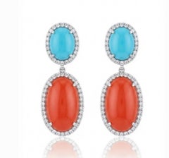Natural Turquoise, Coral, & Diamond Earring in 14k Gold
