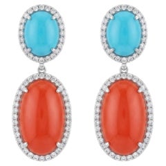 Natural Turquoise, Coral, & Diamond Earring in 14k Gold