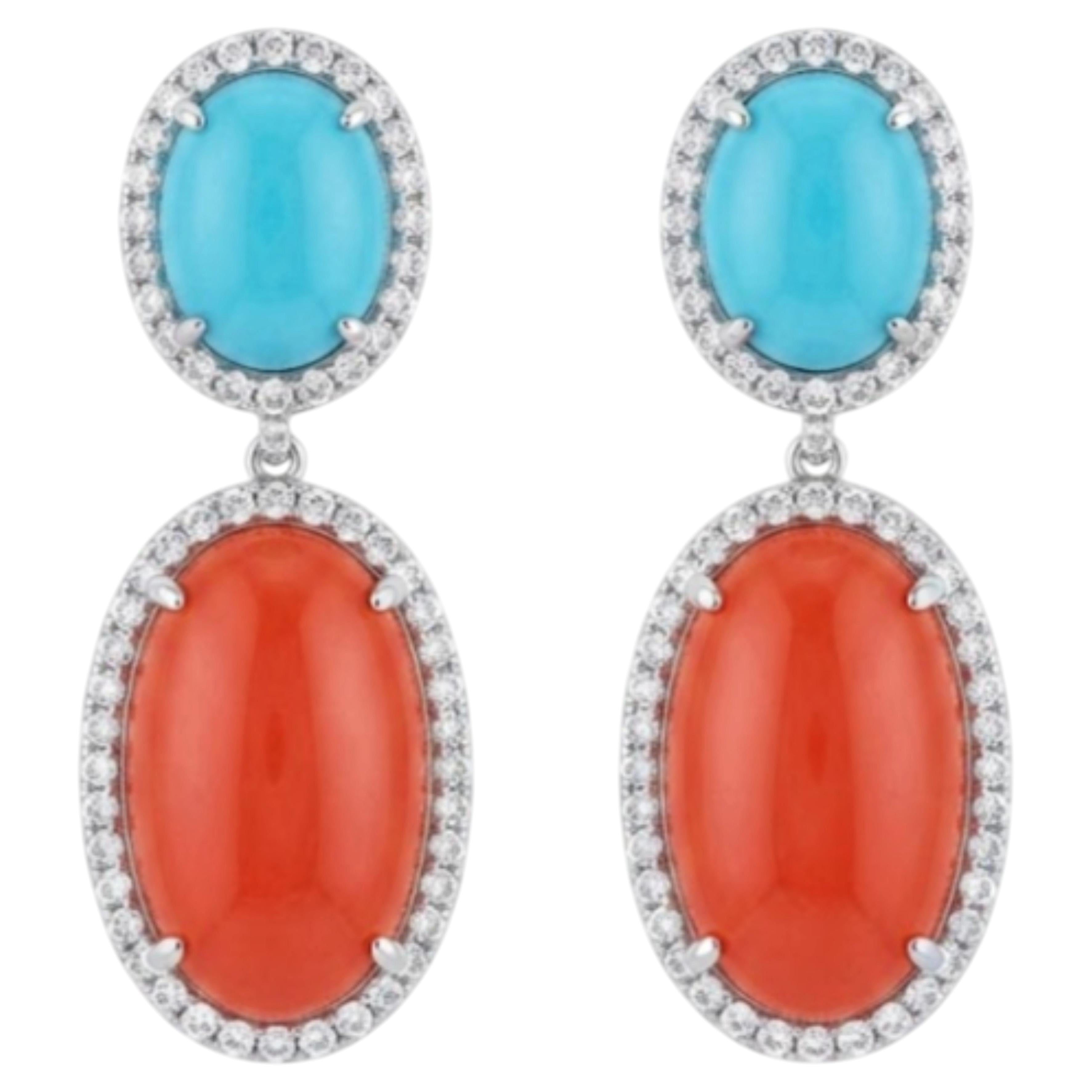 Designer 14K Gold Turquoise Coral Diamond Earrings, 1.26ct Diamond