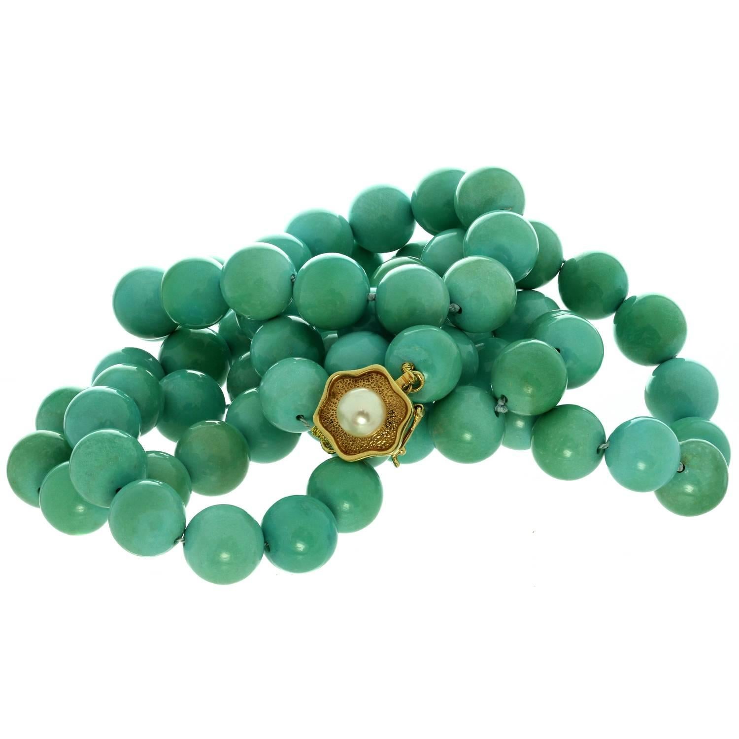 Natural Turquoise Cultured Pearl Yellow Gold Bead Necklace GIA In Good Condition In New York, NY