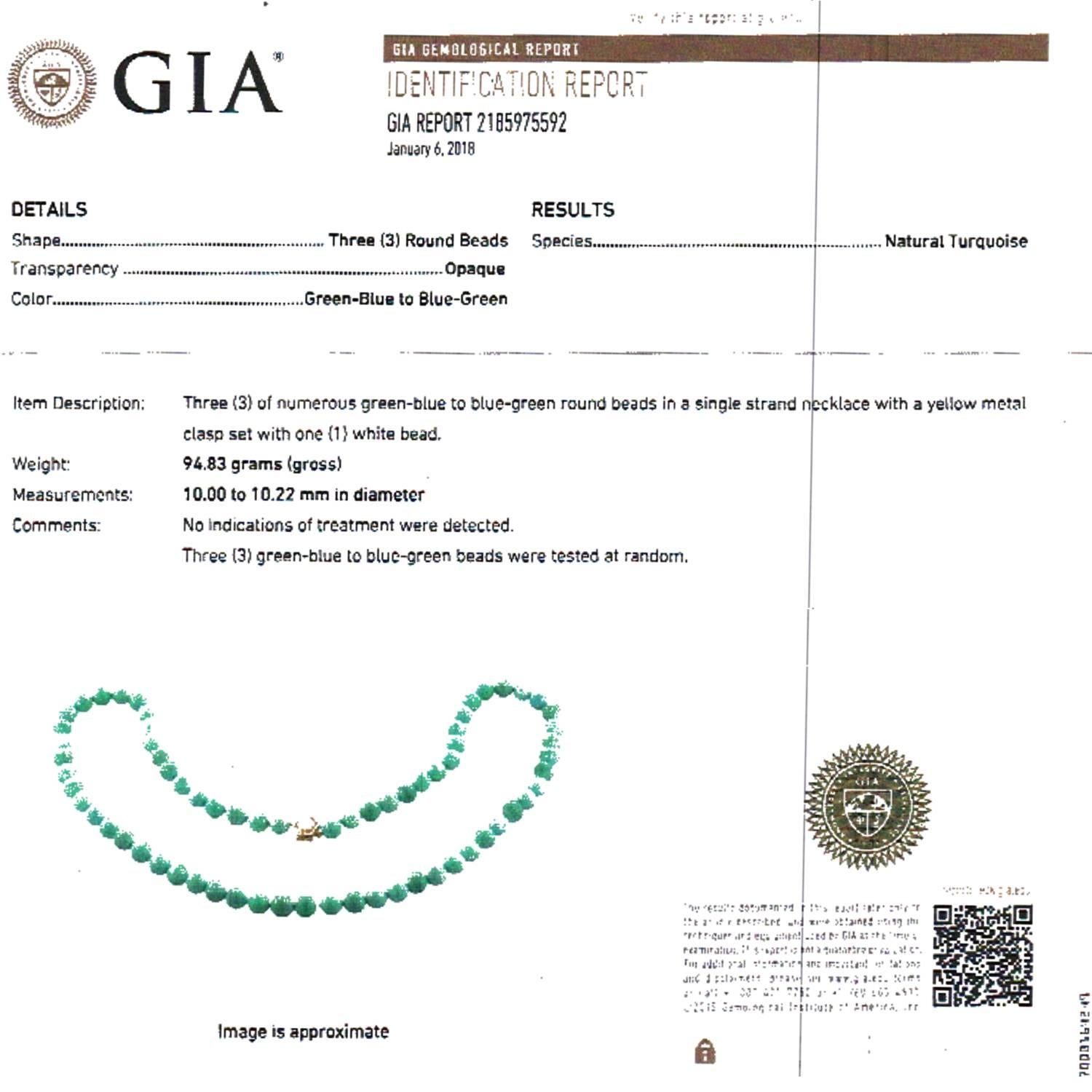 Natural Turquoise Cultured Pearl Yellow Gold Bead Necklace GIA 1