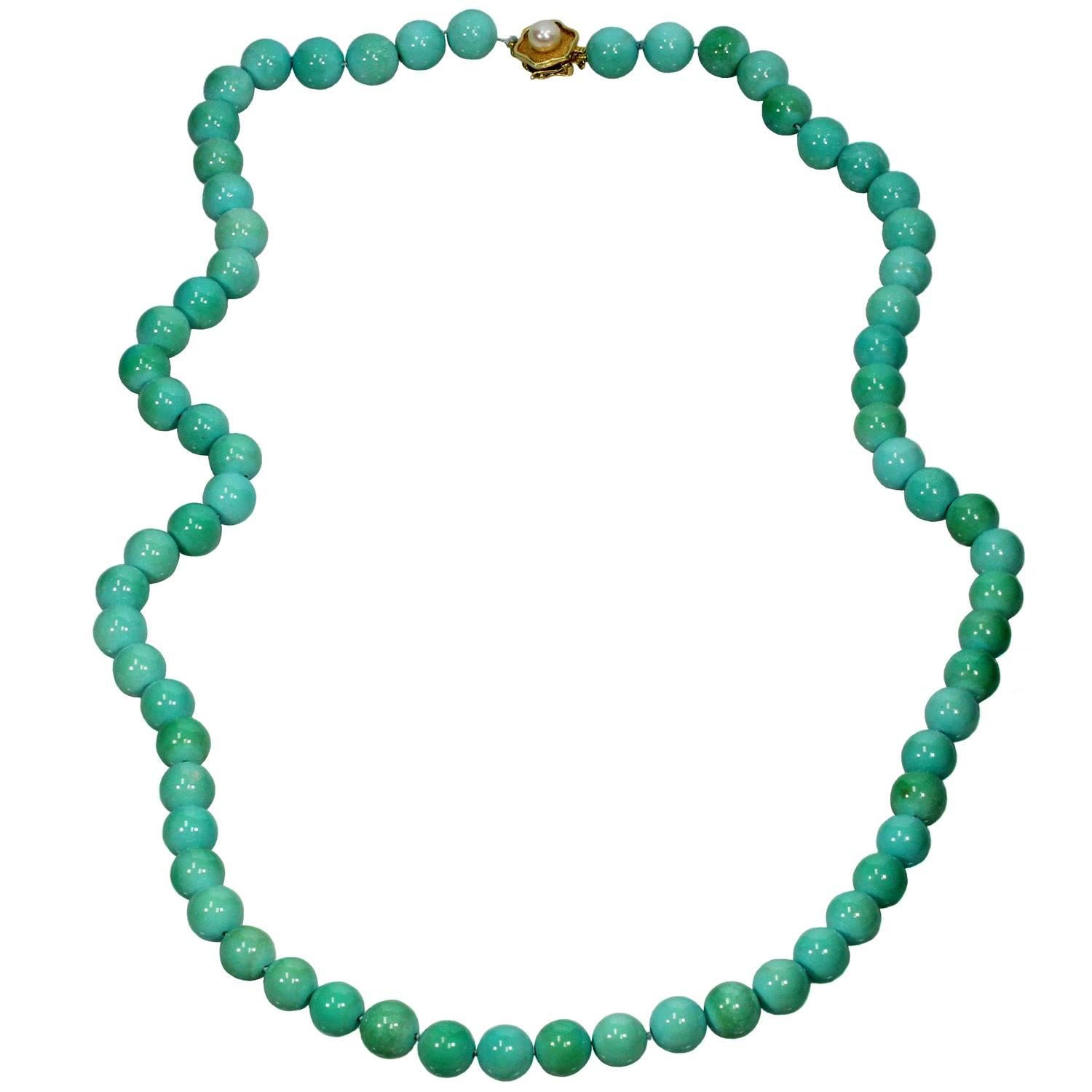 Natural Turquoise Cultured Pearl Yellow Gold Bead Necklace GIA For Sale