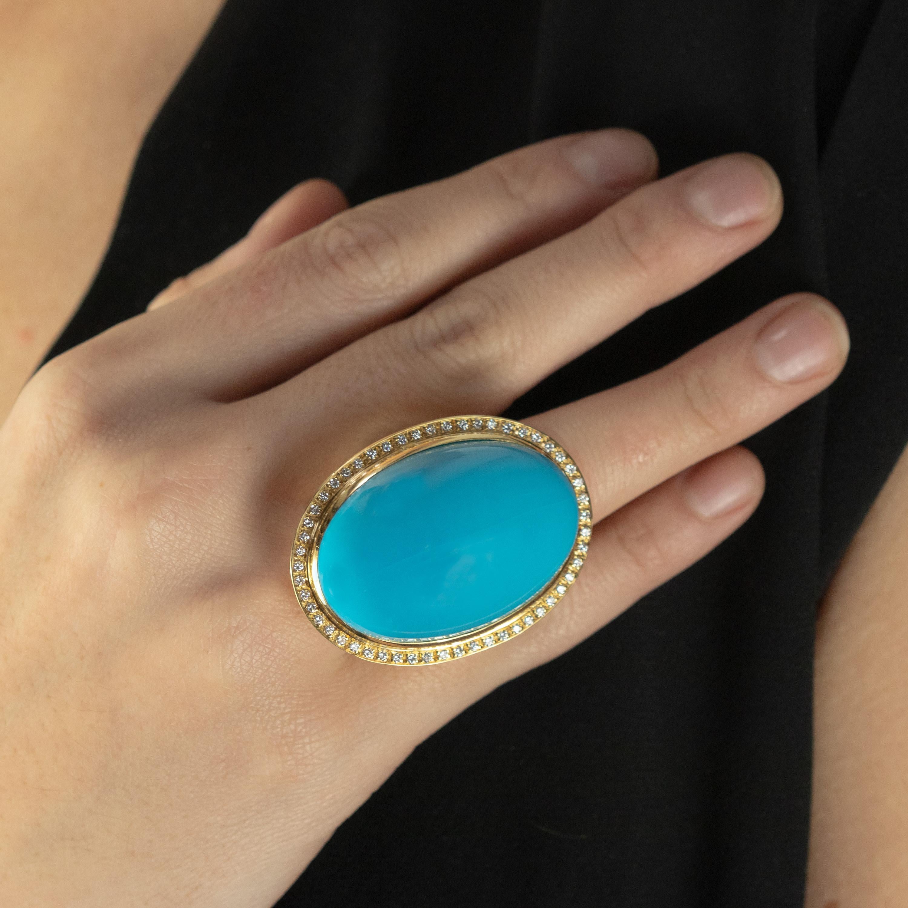 Natural Persian Turquoise Diamond 18 Karat Yellow Gold Bezel Oval Cocktail Ring 8