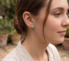 Pendiente de Turquesa Natural y Diamante en Oro de 14k