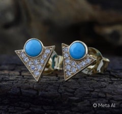 Natural Turquoise and Diamond Stud Earrings in 14K Gold, India
