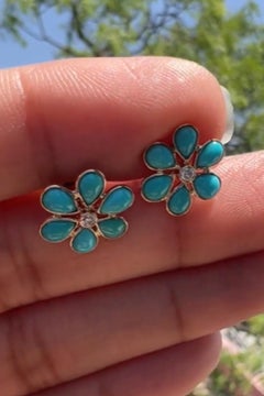 Natural Turquoise & Diamond Earring in 14k Gold