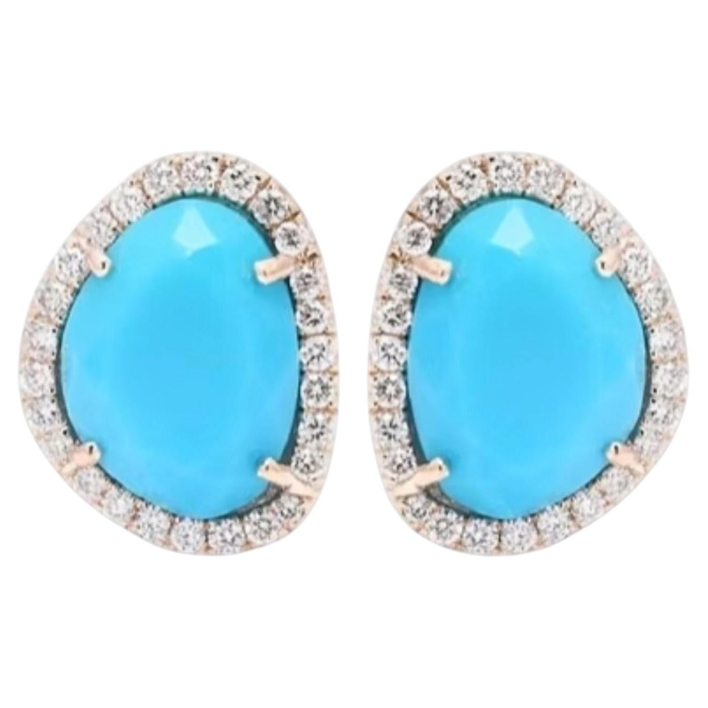 Natural Turquoise & Diamond Earring in 14k Gold