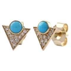Natural Turquoise and Diamond Stud Earrings in 14K Gold, India