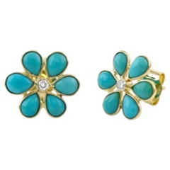 Natural Turquoise & Diamond Earring in 14k Gold