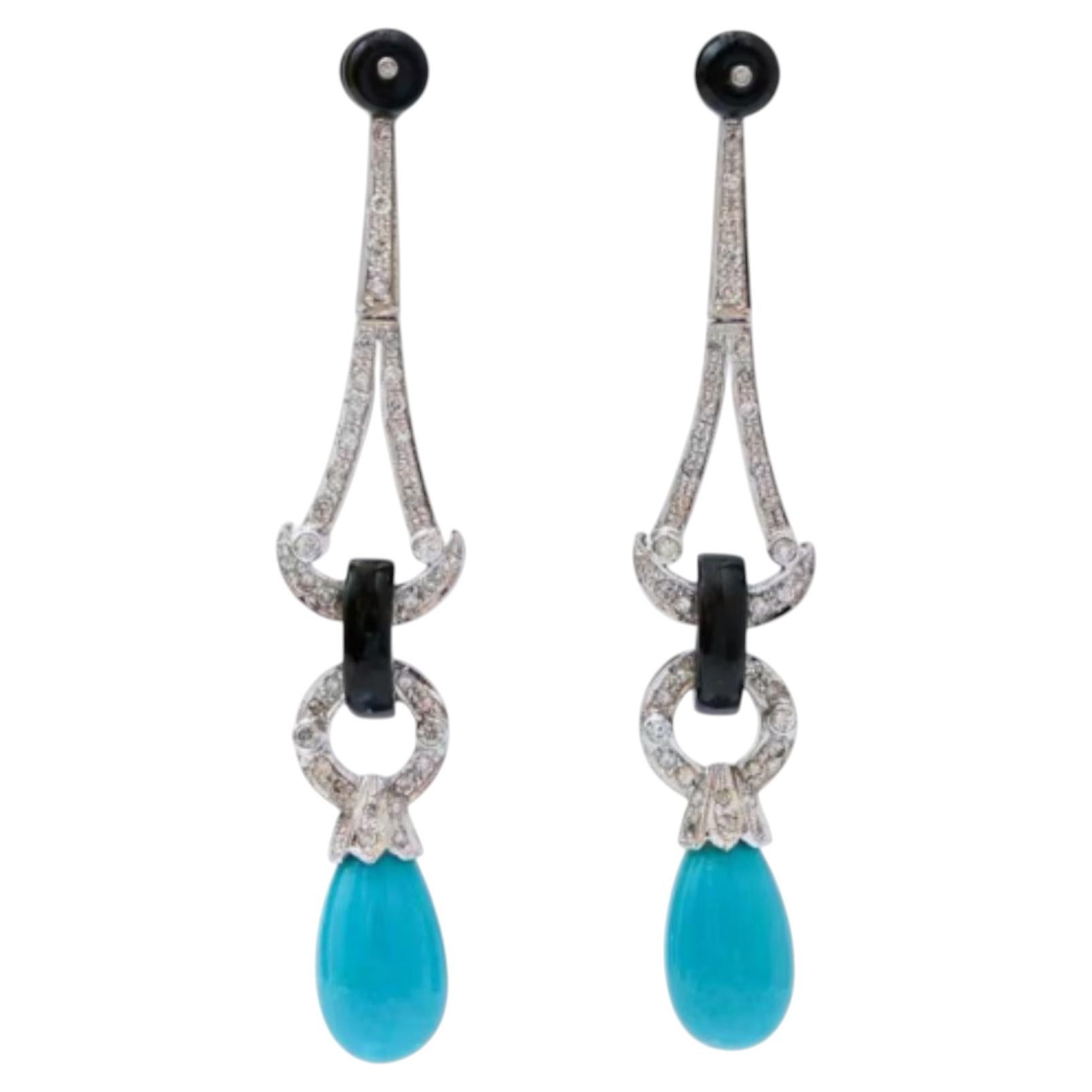 Turquoise and Diamond Stud Earrings in White Gold, 1.47ct