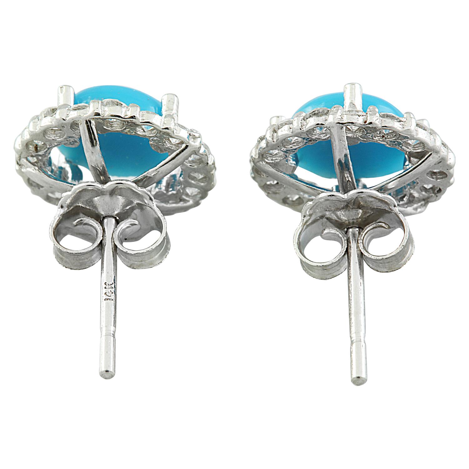 Round Cut Natural Turquoise Diamond Earrings In 14 Karat White Gold For Sale
