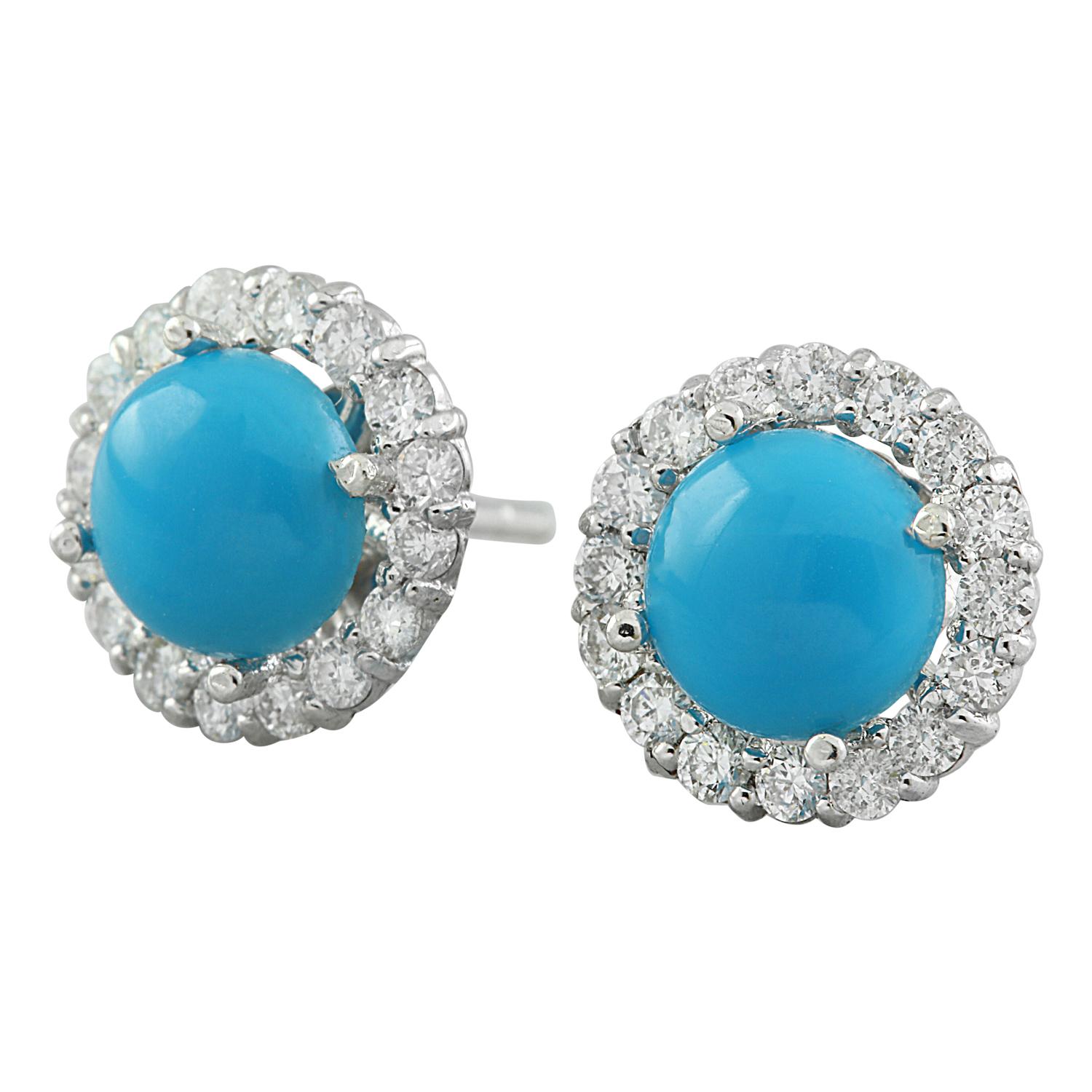 Women's Natural Turquoise Diamond Earrings In 14 Karat White Gold For Sale
