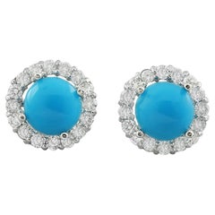 Boucles d'oreilles en or blanc 14 carats avec turquoise naturelle et diamants