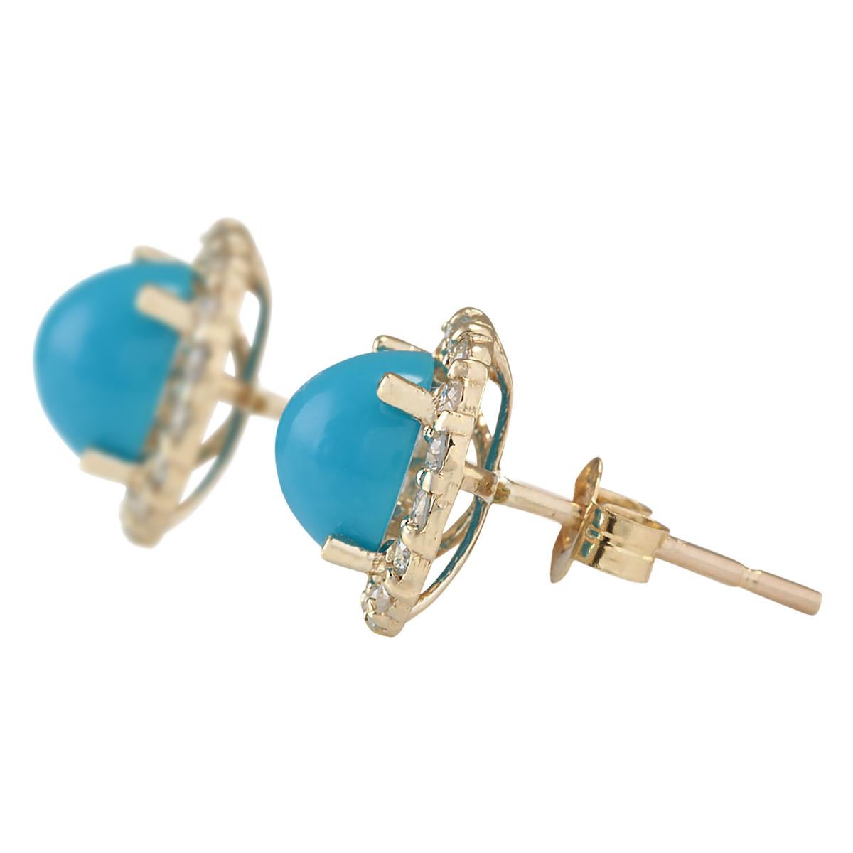 3.65 Carat Natural Turquoise 14 Karat Solid Yellow Gold Diamond Earrings
Stamped: 14K Yellow Gold
Total Earrings Weight: 2.0 Grams
Total Natural Turquoise Weight is 3.00 Carat (Measures: 7.00x7.00 mm)
Color: Blue
Total Natural Diamond Weight is 0.65