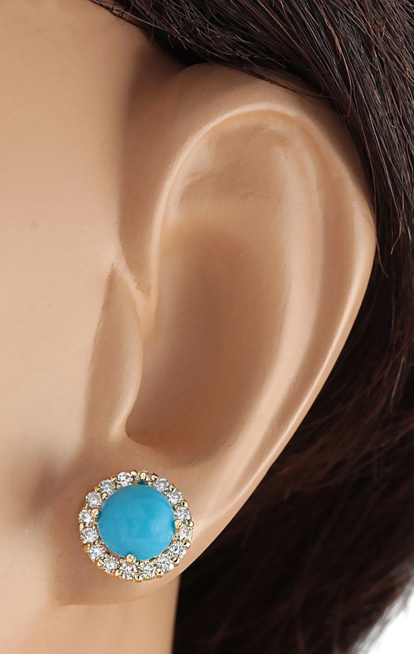 Round Cut Natural Turquoise Diamond Earrings In 14 Karat Yellow Gold