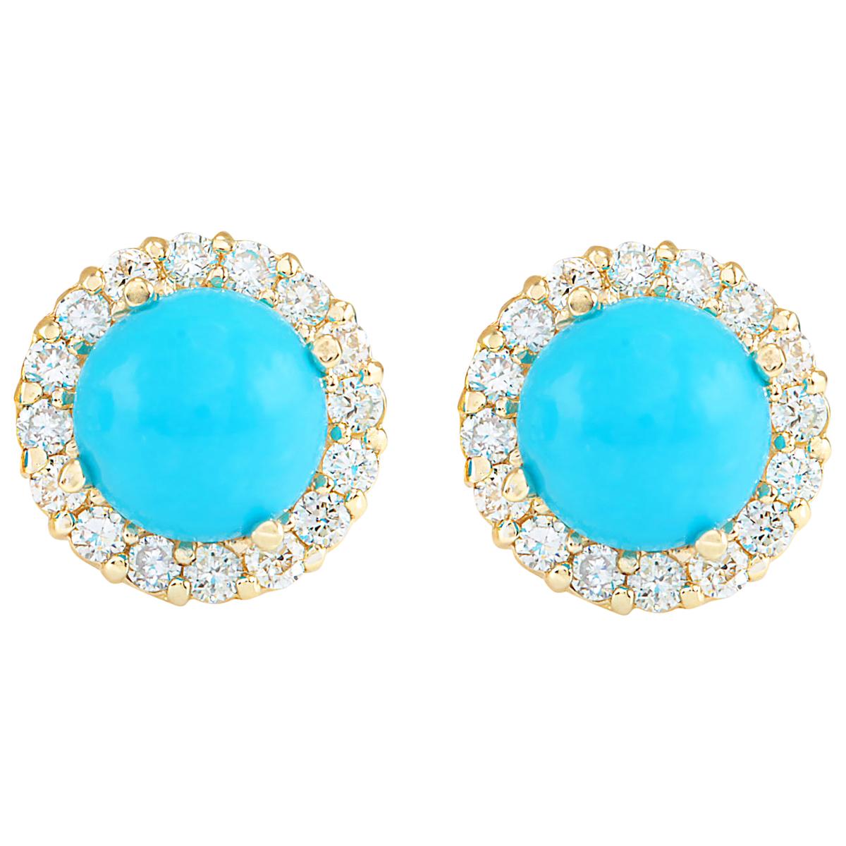 Natural Turquoise Diamond Earrings In 14 Karat Yellow Gold In New Condition In Los Angeles, CA