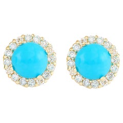 Boucles d'oreilles en or jaune 14 carats avec turquoise naturelle et diamants