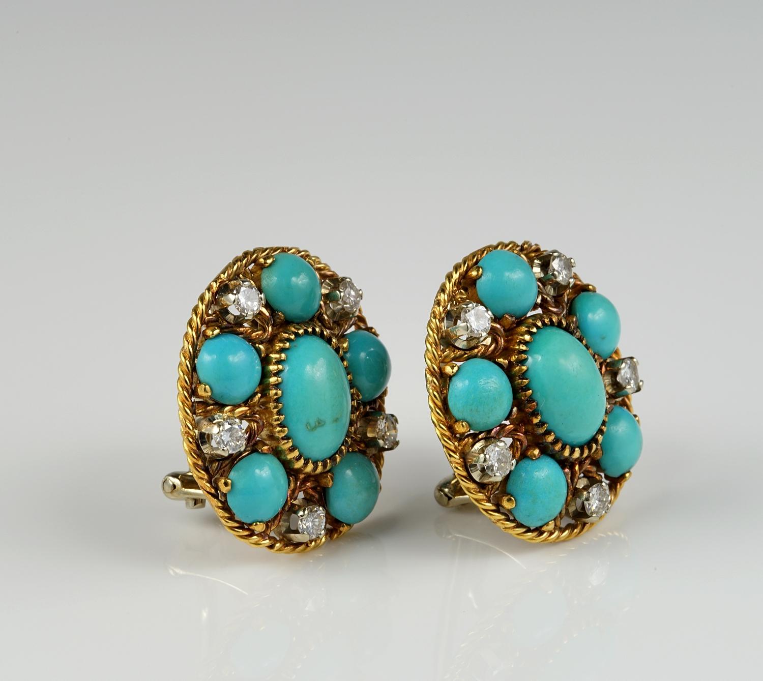 Retro Natural Turquoise Diamond Estate Earrings For Sale