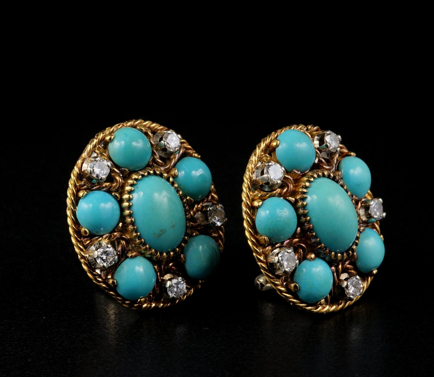 Natural Turquoise Diamond Estate Earrings In Good Condition For Sale In Napoli, IT