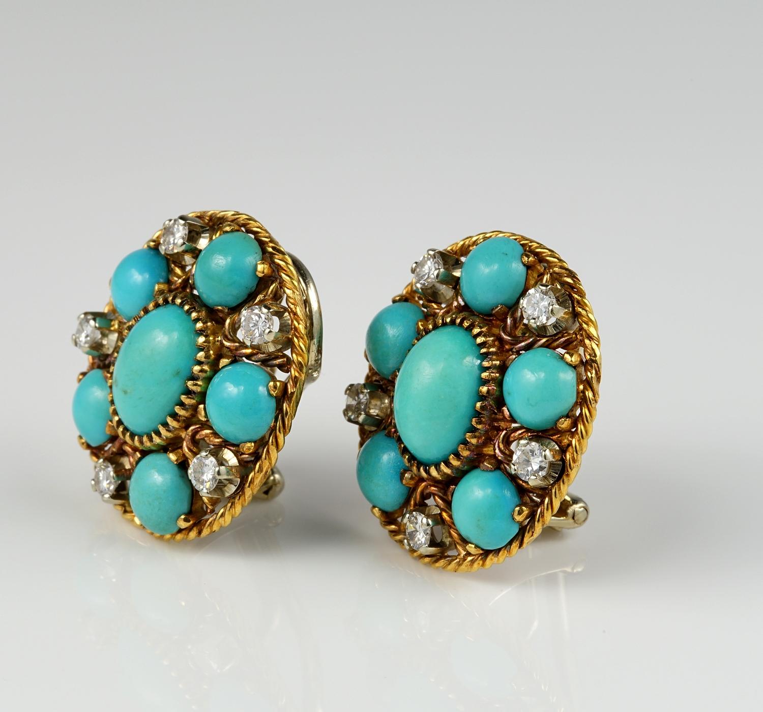 Women's Natural Turquoise Diamond Estate Earrings For Sale