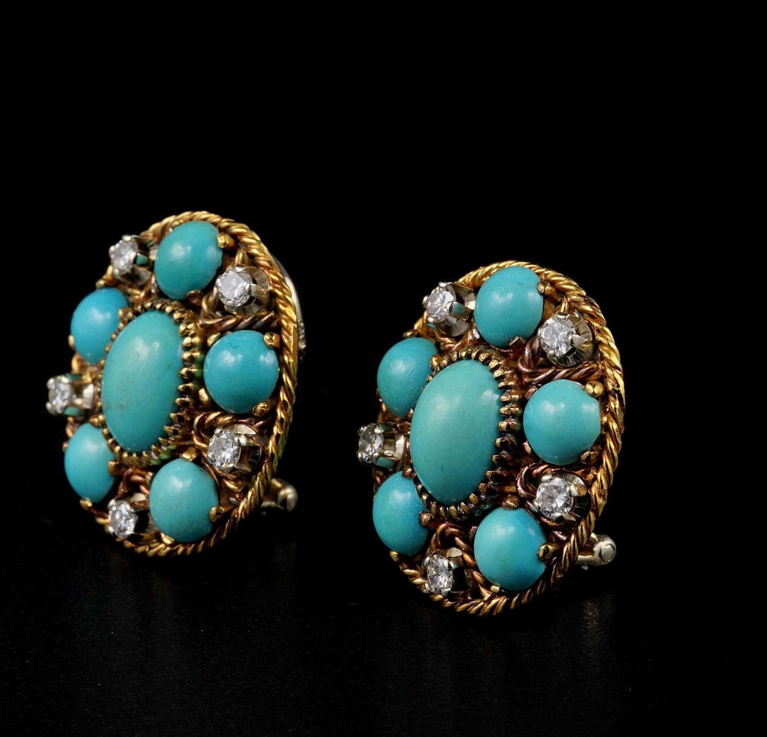 Natural Turquoise Diamond Estate Earrings For Sale 1