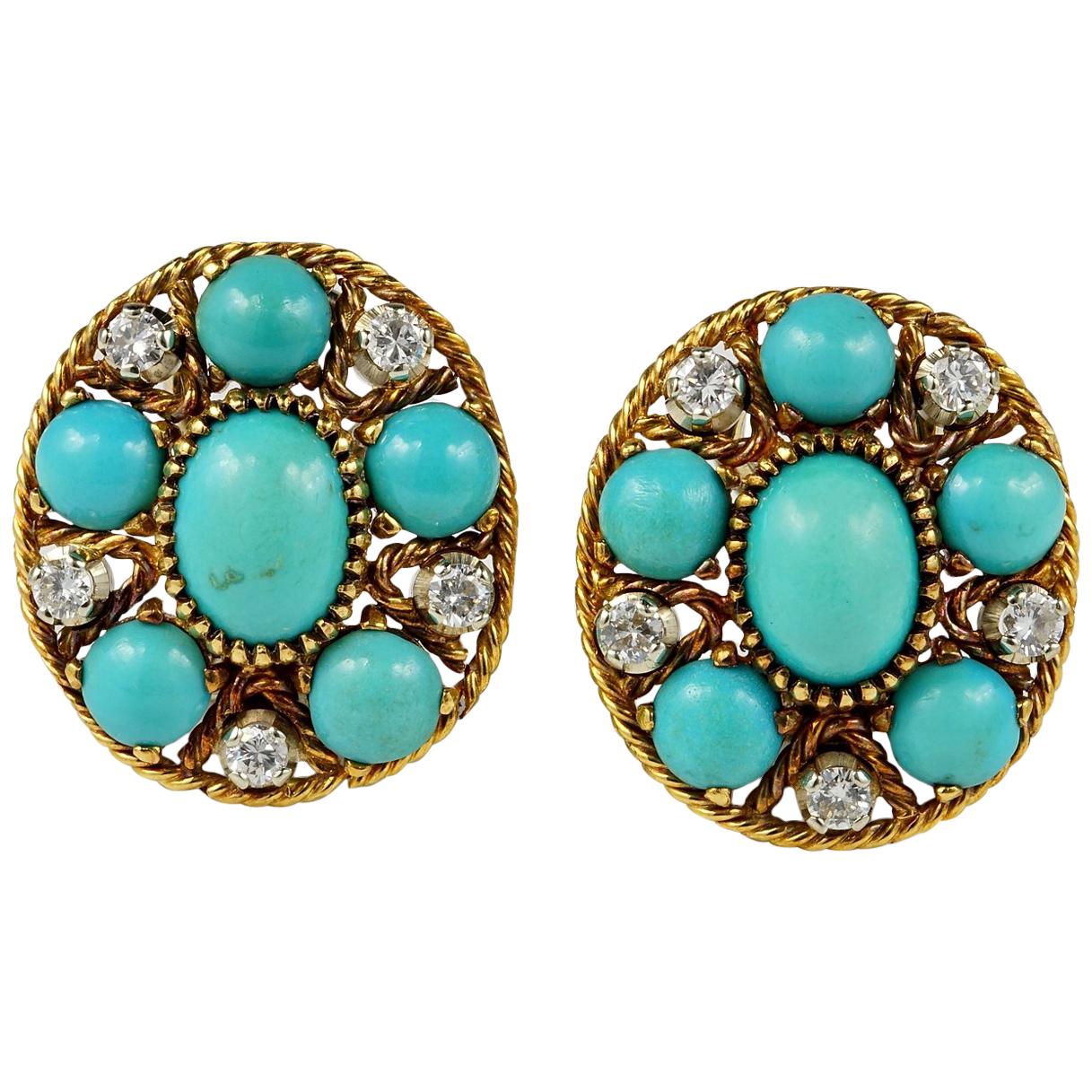 Natural Turquoise Diamond Estate Earrings For Sale