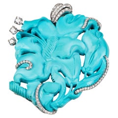 Natural Turquoise Diamond Gold Pendant Brooch Necklace