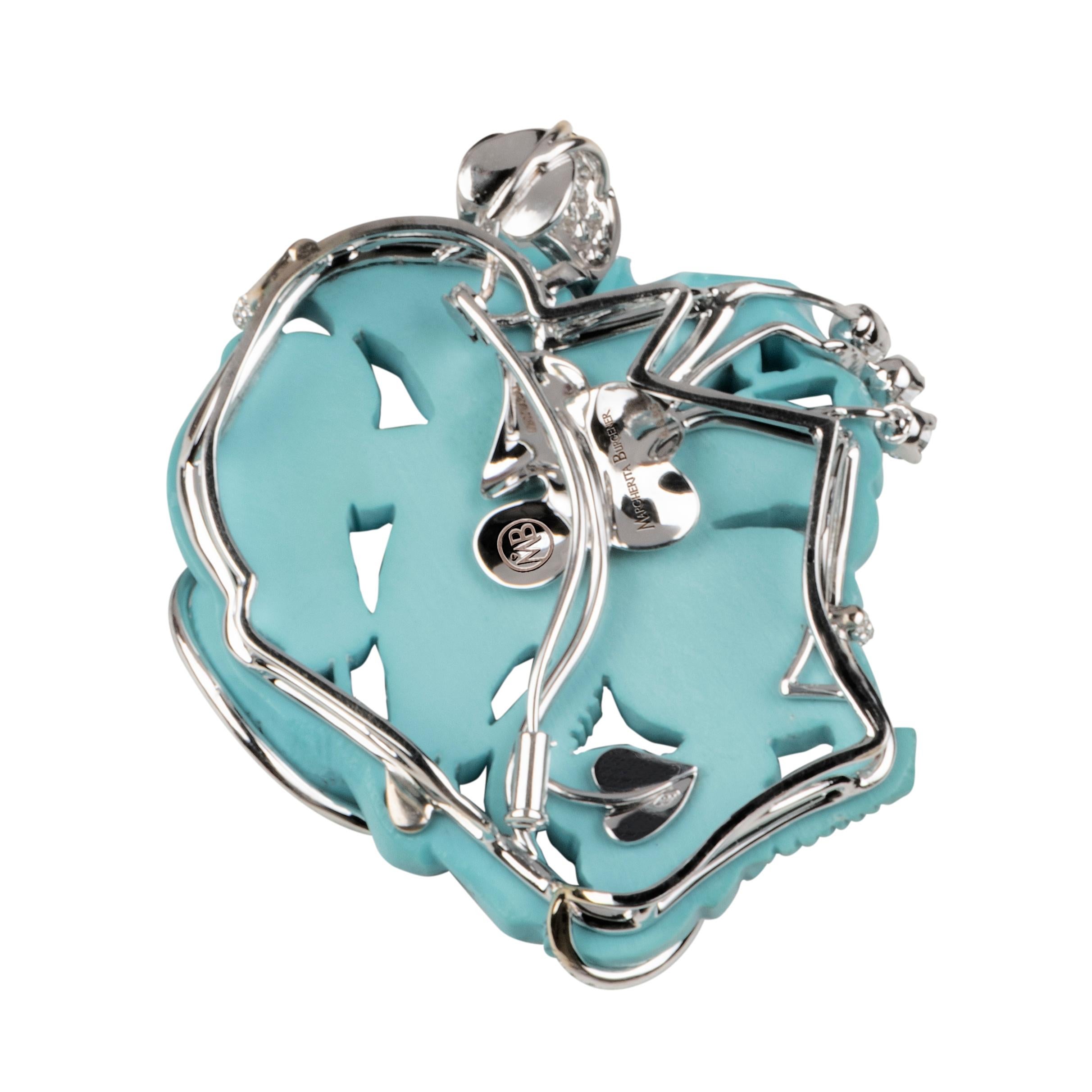 Round Cut Natural Turquoise Diamond Gold Transformer Pendant Brooch Necklace For Sale