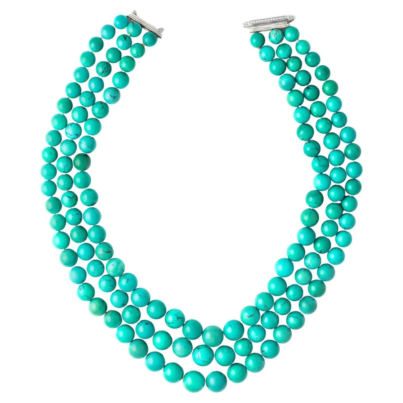Bead Natural Turquoise Diamond Necklace For Sale