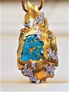 Gem Grade"Blue Gem" Natural Turquoise Diamond Pendant Necklace, 18K Gold
