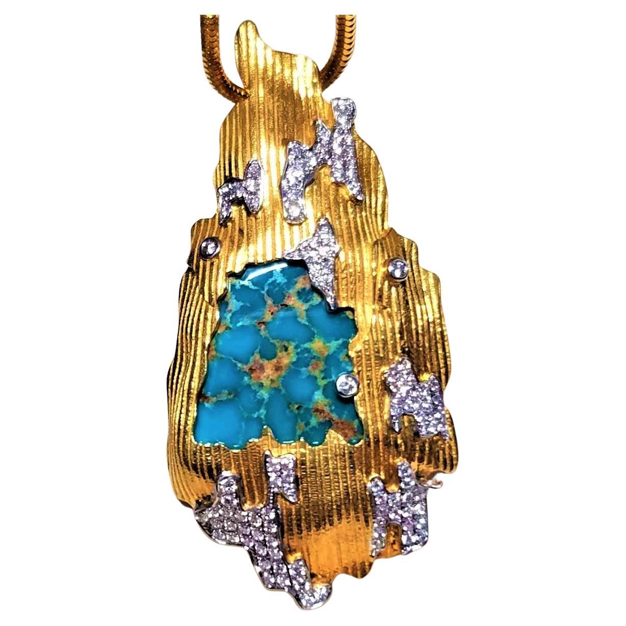 Gem Grade"Blue Gem" Natural Turquoise Diamond Pendant Necklace, 18K Gold For Sale