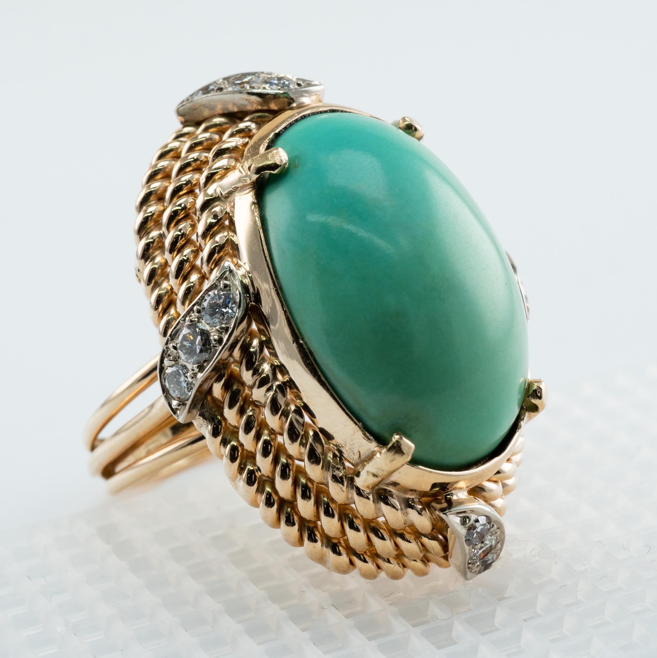 Cabochon Natural Turquoise Diamond Ring  14K Yellow Gold Vintage For Sale
