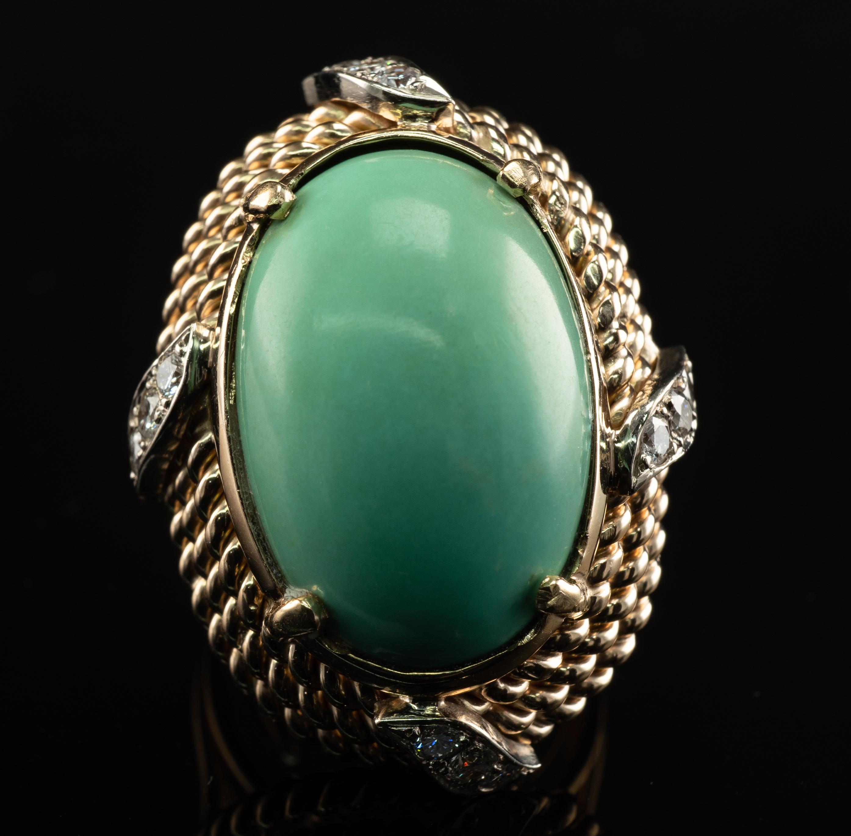 Natürlicher Türkis-Diamant-Ring  14-Karat-Gelbgold-Vintage im Angebot 2