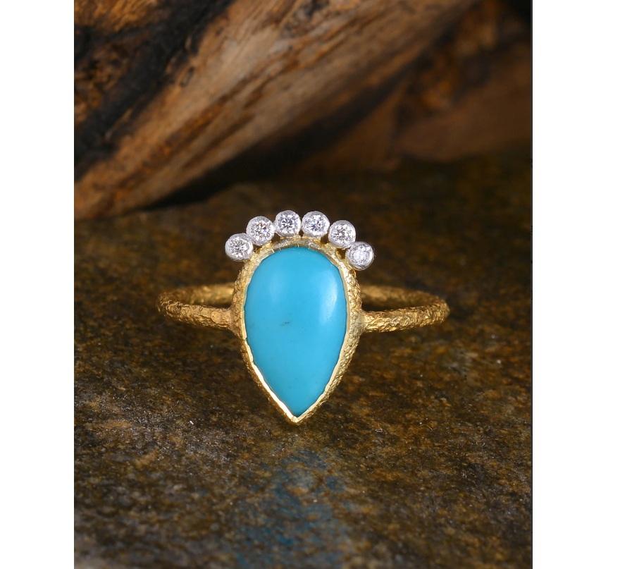 Natural Turquoise & Diamond Ring 18K gold For Sale 3