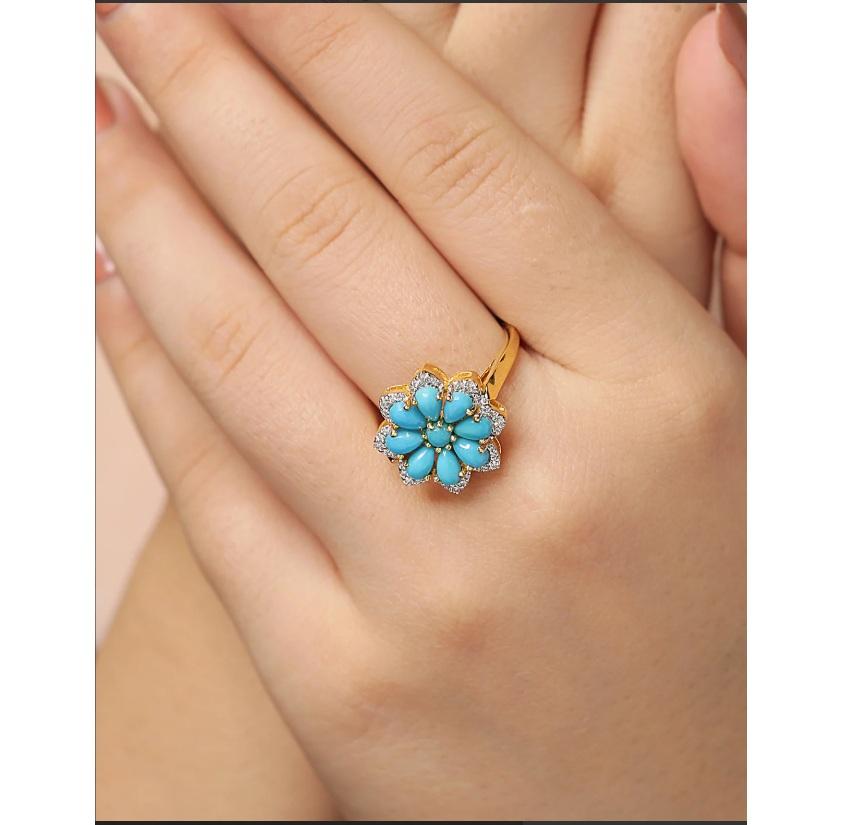 Asscher Cut Natural Turquoise & Diamond Ring in 14k gold For Sale