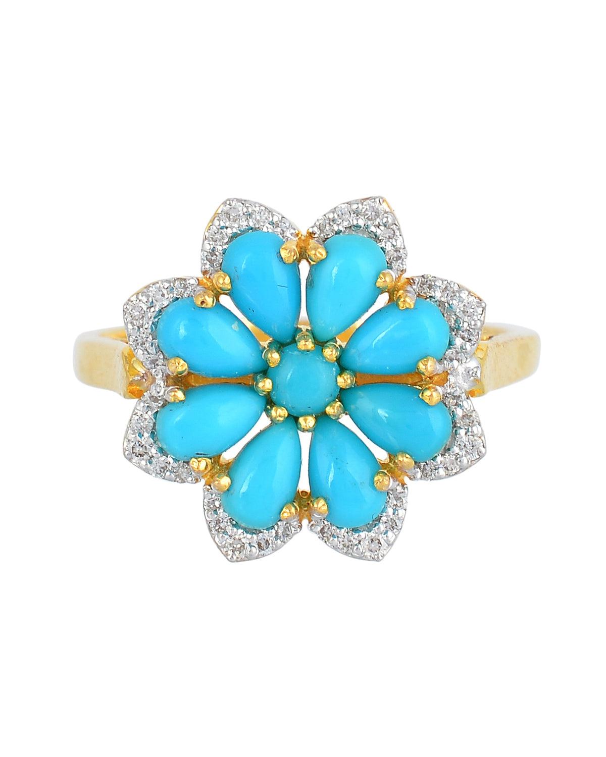 Ringe mit natürlichem Türkis und Diamanten in 14K Damen im Angebot