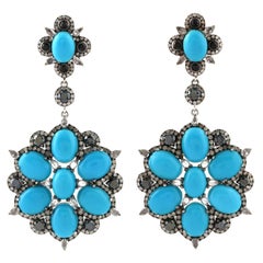 Natural Turquoise Diamond Sapphire Spinel Drop Earrings 18K Gold & Silver