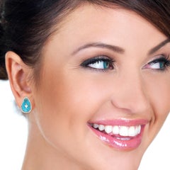 Natural Turquoise Diamond Starburst Halo Earrings 18K White Gold Studs