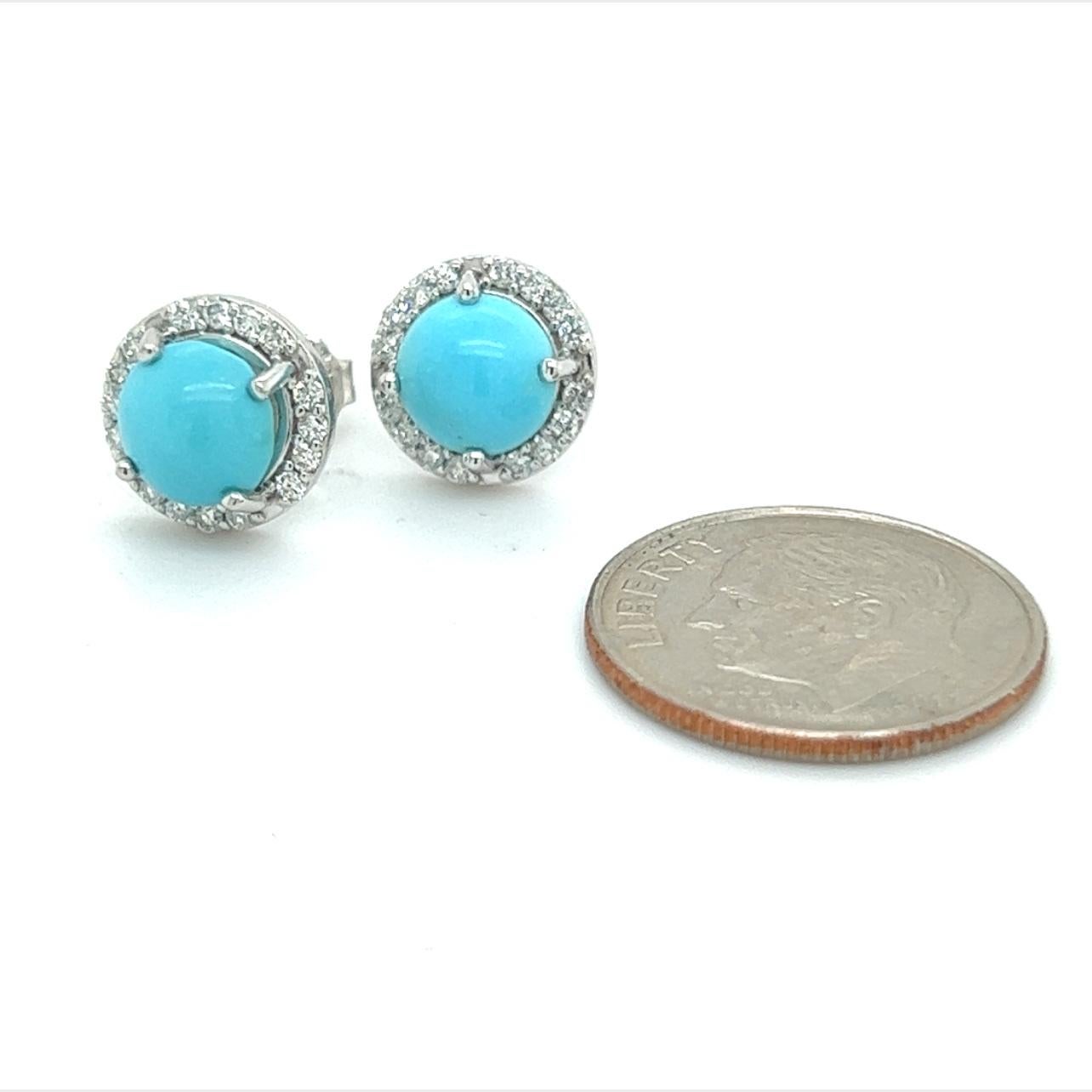 Round Cut Natural Turquoise Diamond Stud Earrings 14k White Gold 2.95 TCW Certified For Sale
