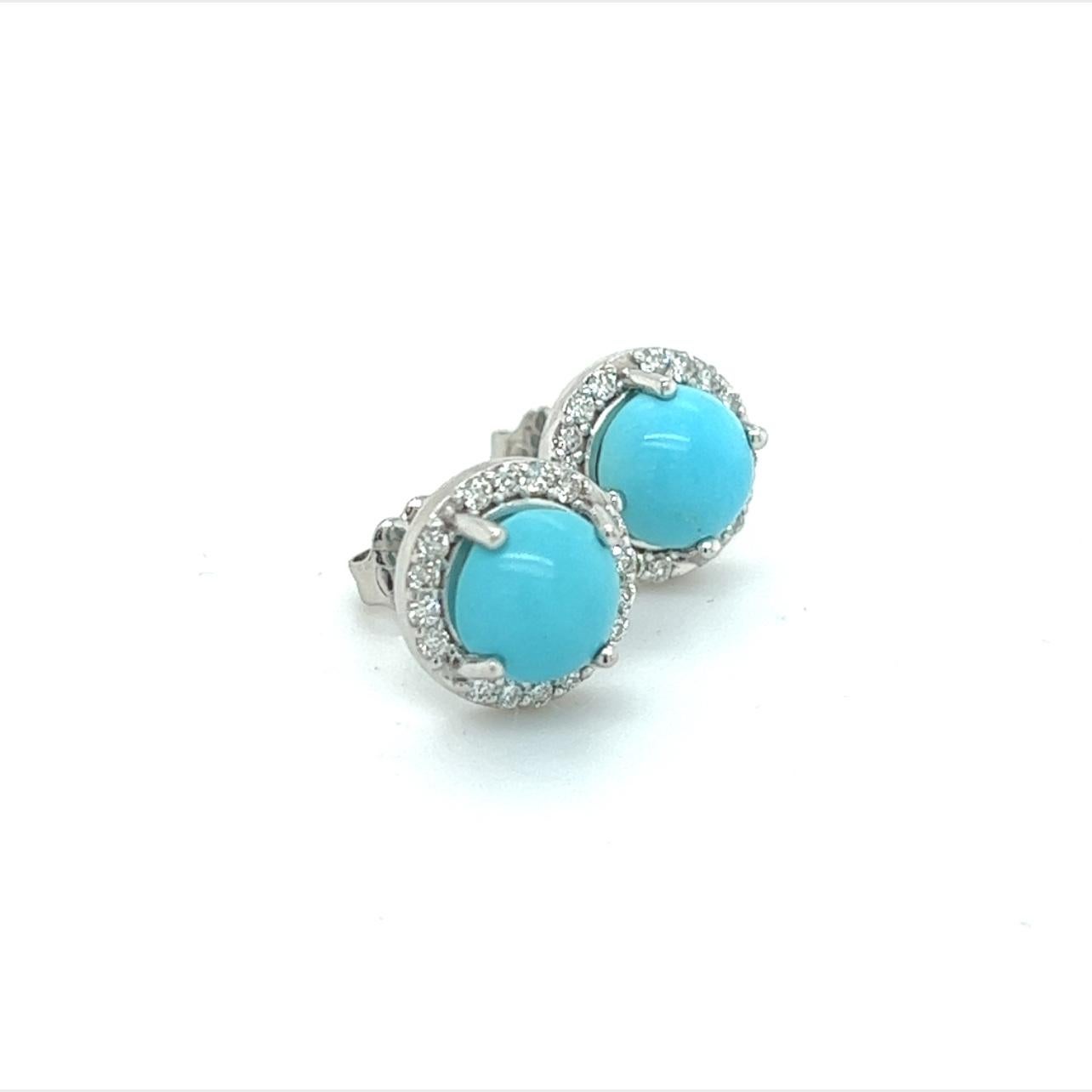 Women's Natural Turquoise Diamond Stud Earrings 14k White Gold 2.95 TCW Certified For Sale