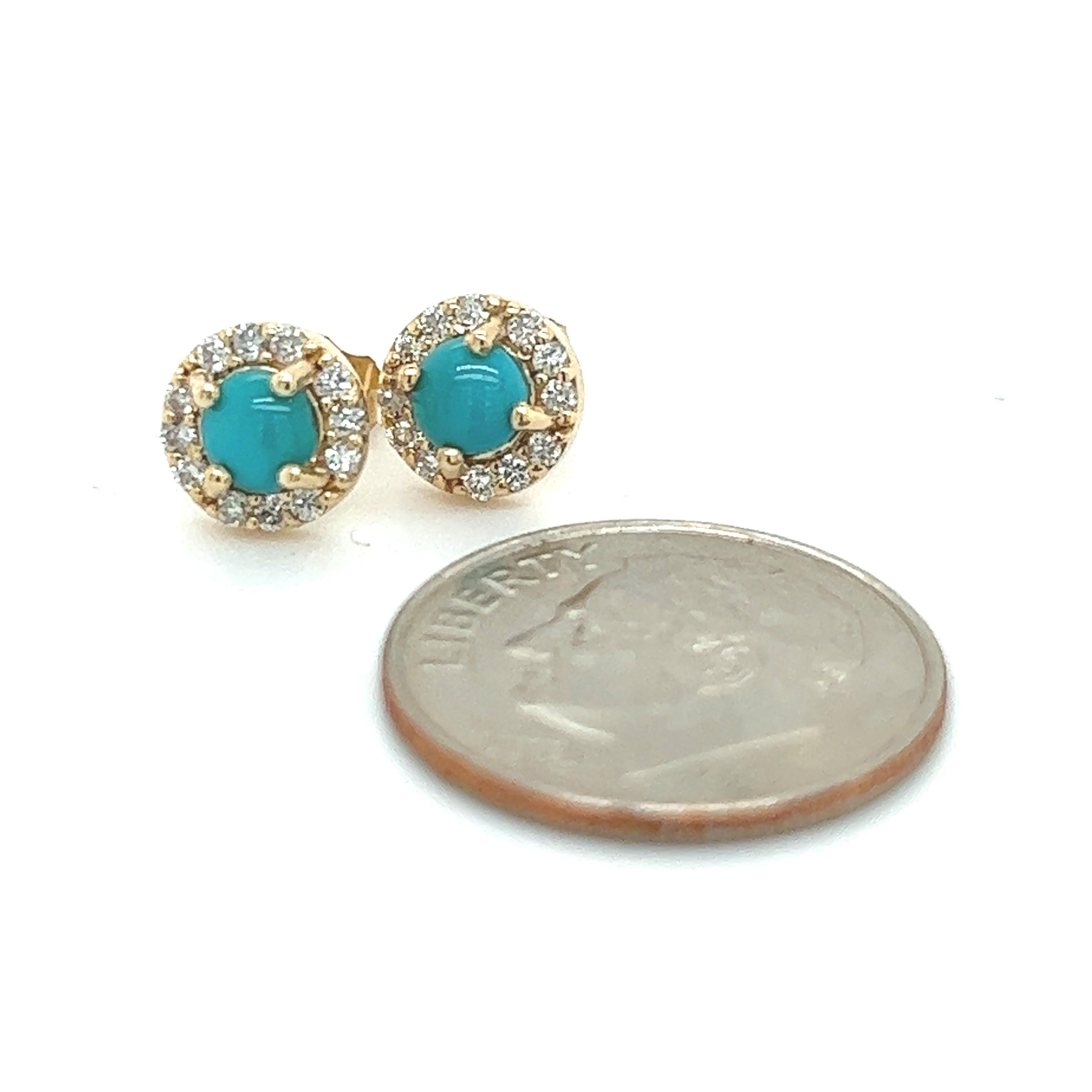 Round Cut Natural Turquoise Diamond Stud Earrings 14k Yellow Gold 0.65 TCW Certified For Sale