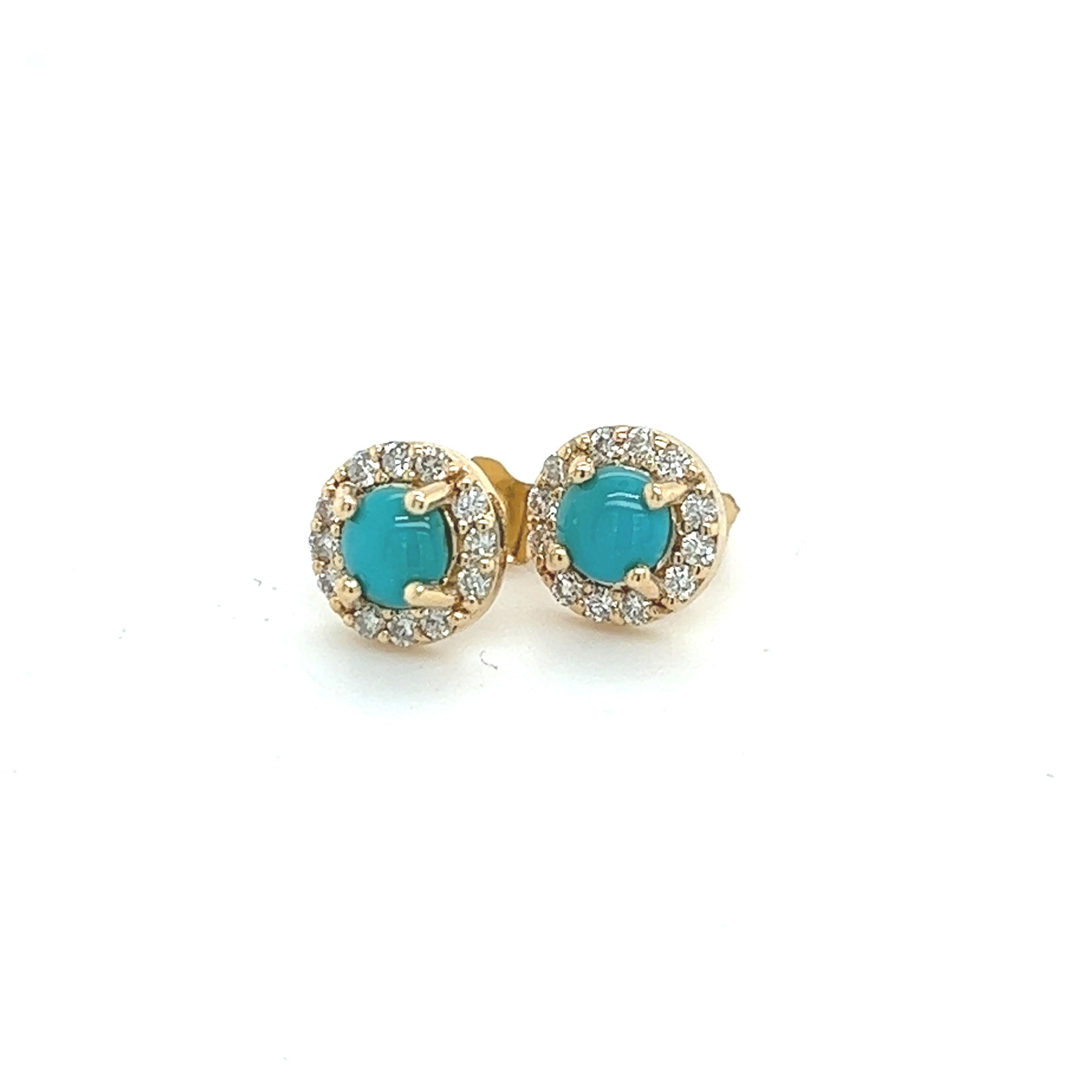 Natural Turquoise Diamond Stud Earrings 14k Yellow Gold 0.65 TCW Certified For Sale 2