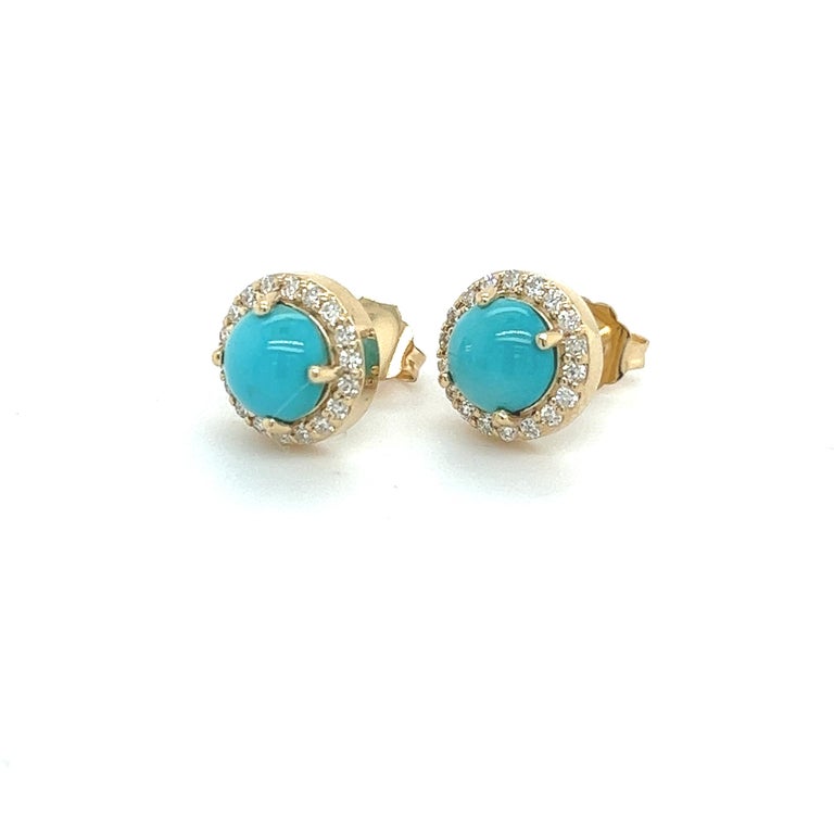 Natural Turquoise Diamond Stud Earrings 14k Yellow Gold 2.18 TCW