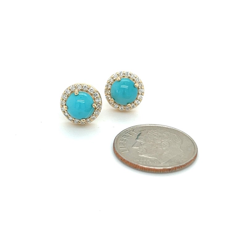 Natural Turquoise Diamond Stud Earrings 14k Yellow Gold 2.18 TCW