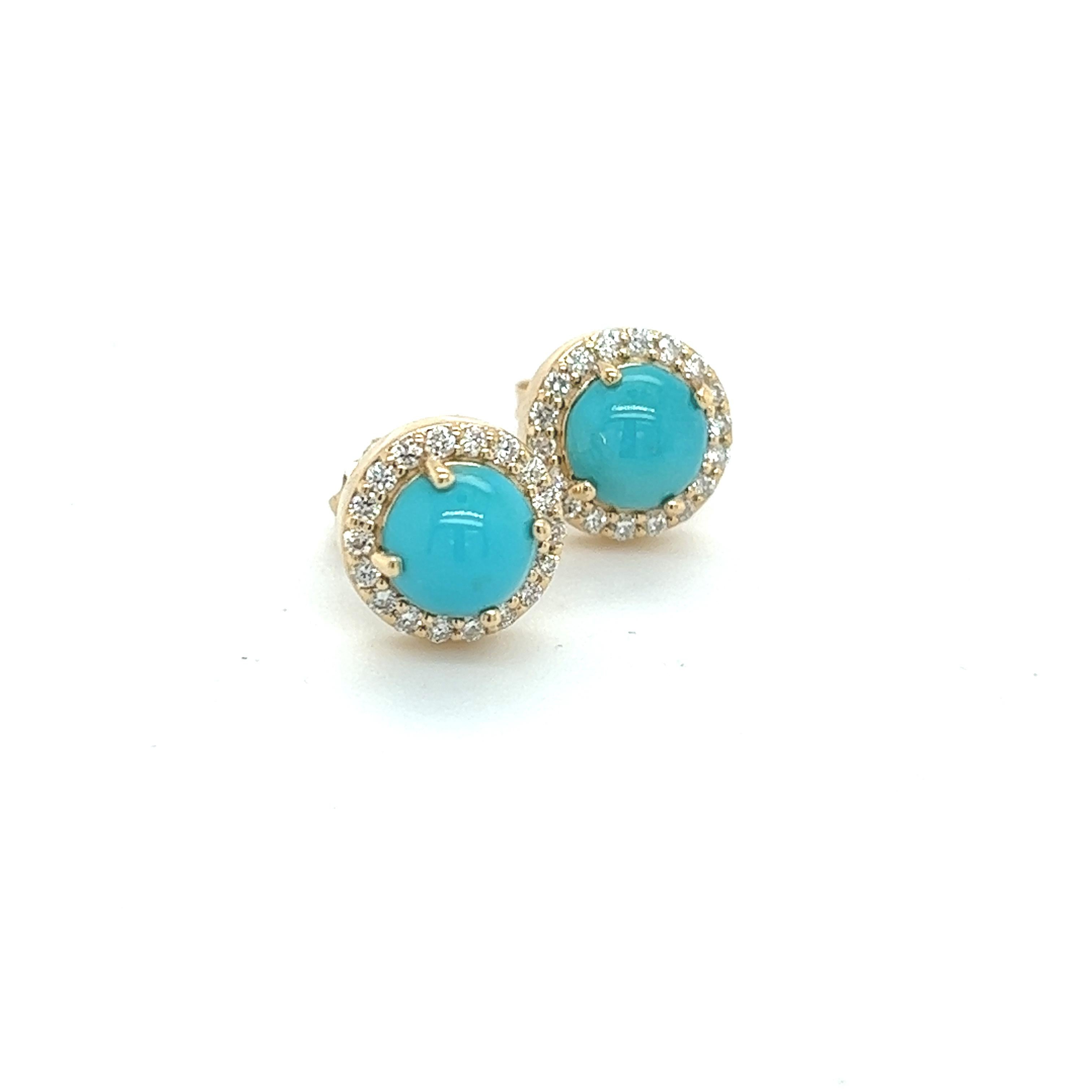 Women's Natural Turquoise Diamond Stud Earrings 14k Yellow Gold 2.18 TCW Certified For Sale