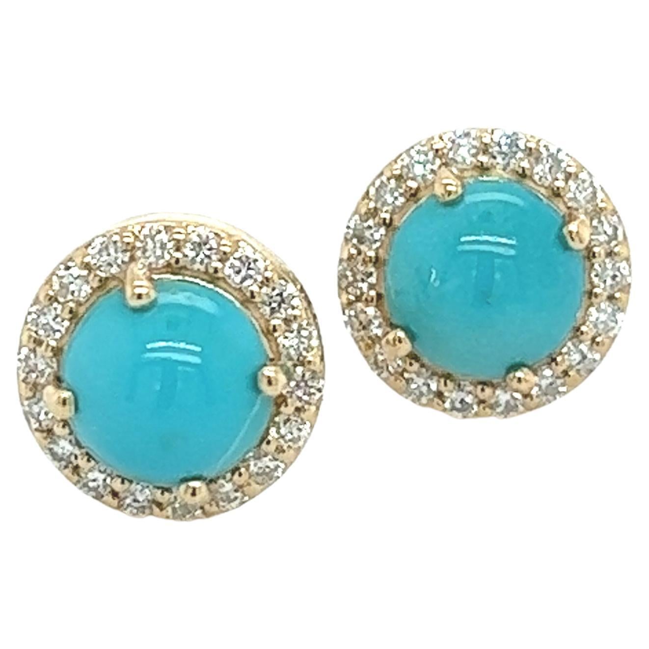Natural Turquoise and Diamonds Yellow Gold Studs Earrings For Sale at
