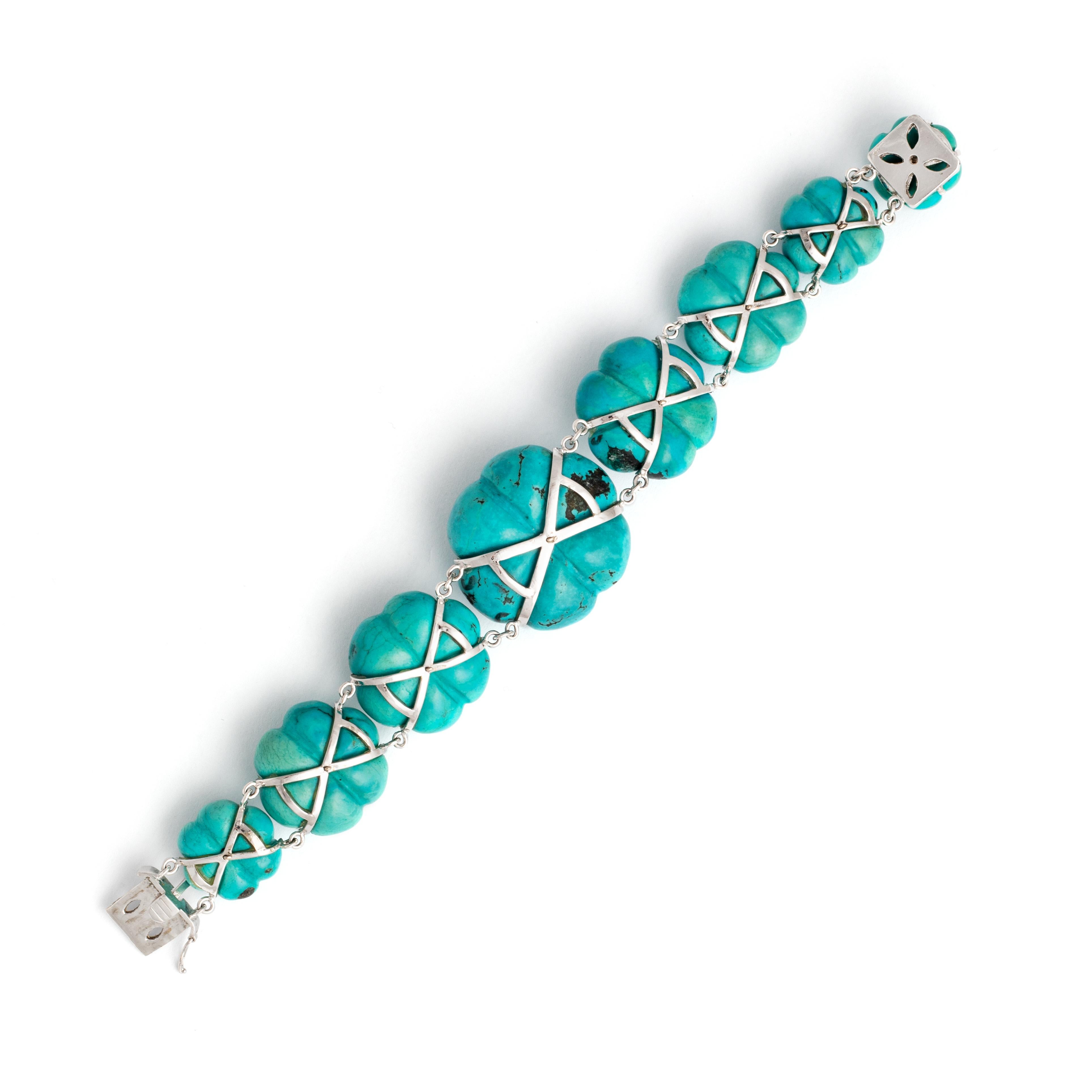 Anglo-Indian Natural Turquoise Diamond White Gold Bracelet For Sale