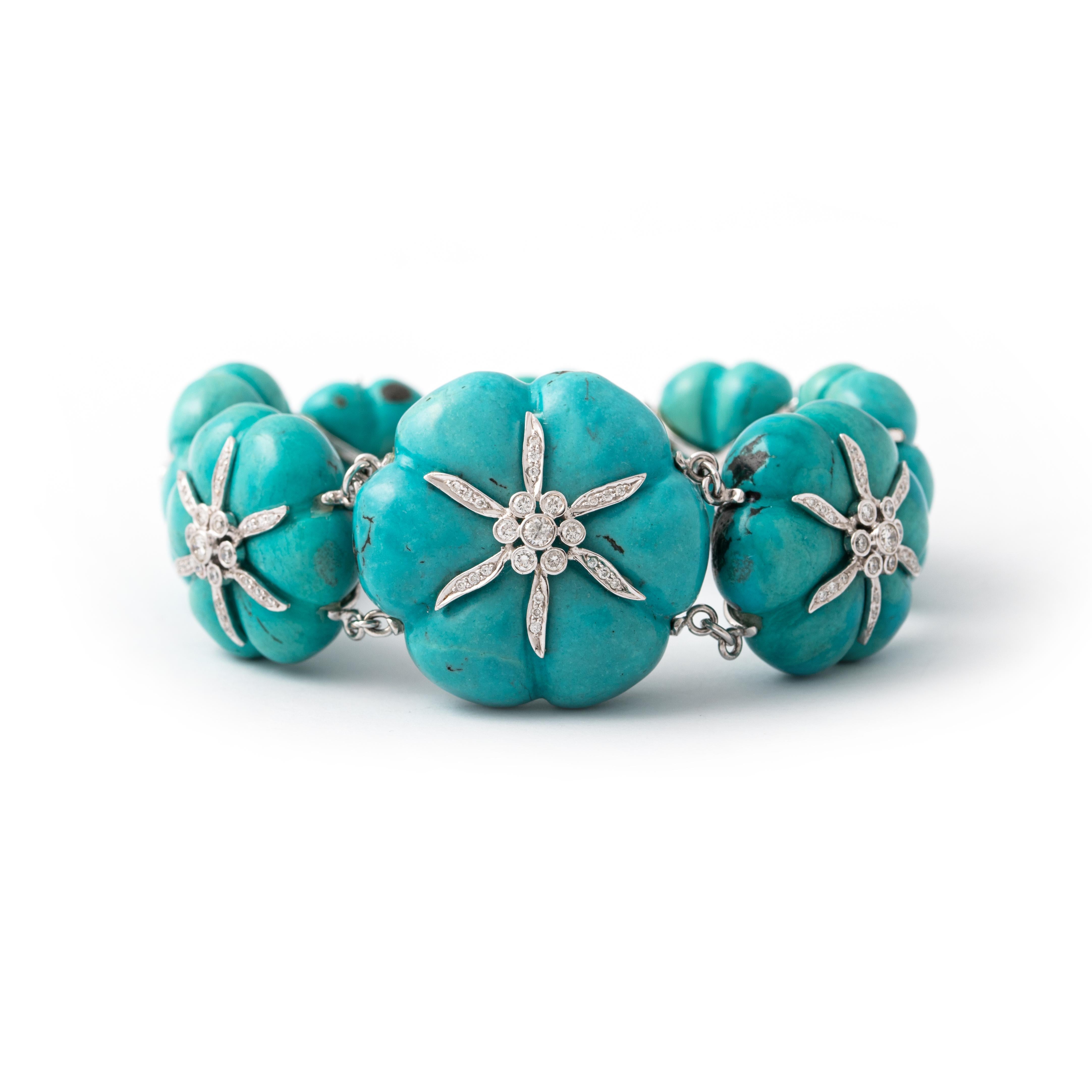 Round Cut Natural Turquoise Diamond White Gold Bracelet For Sale