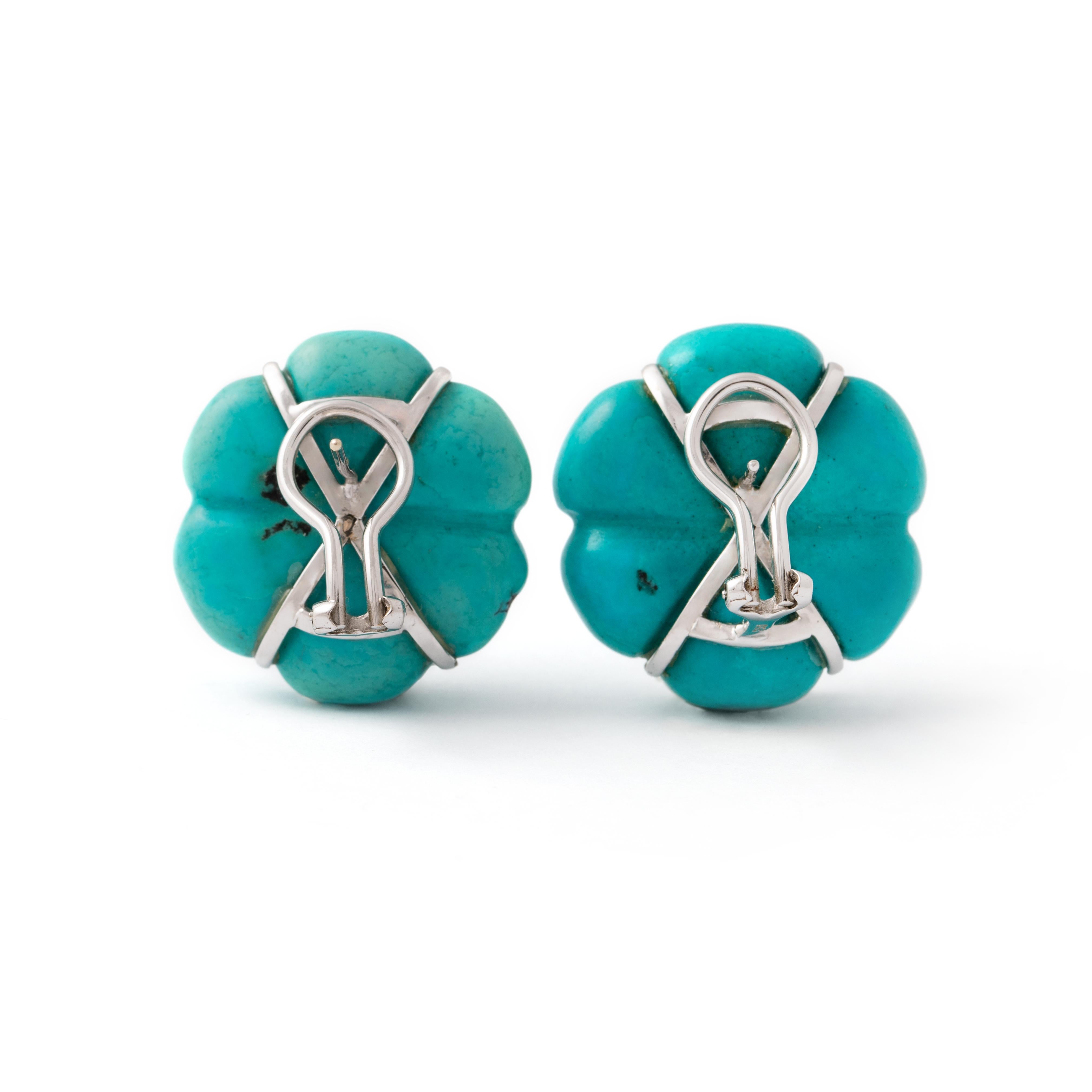 Anglo-Indian Natural Turquoise Diamond White Gold Earrings For Sale