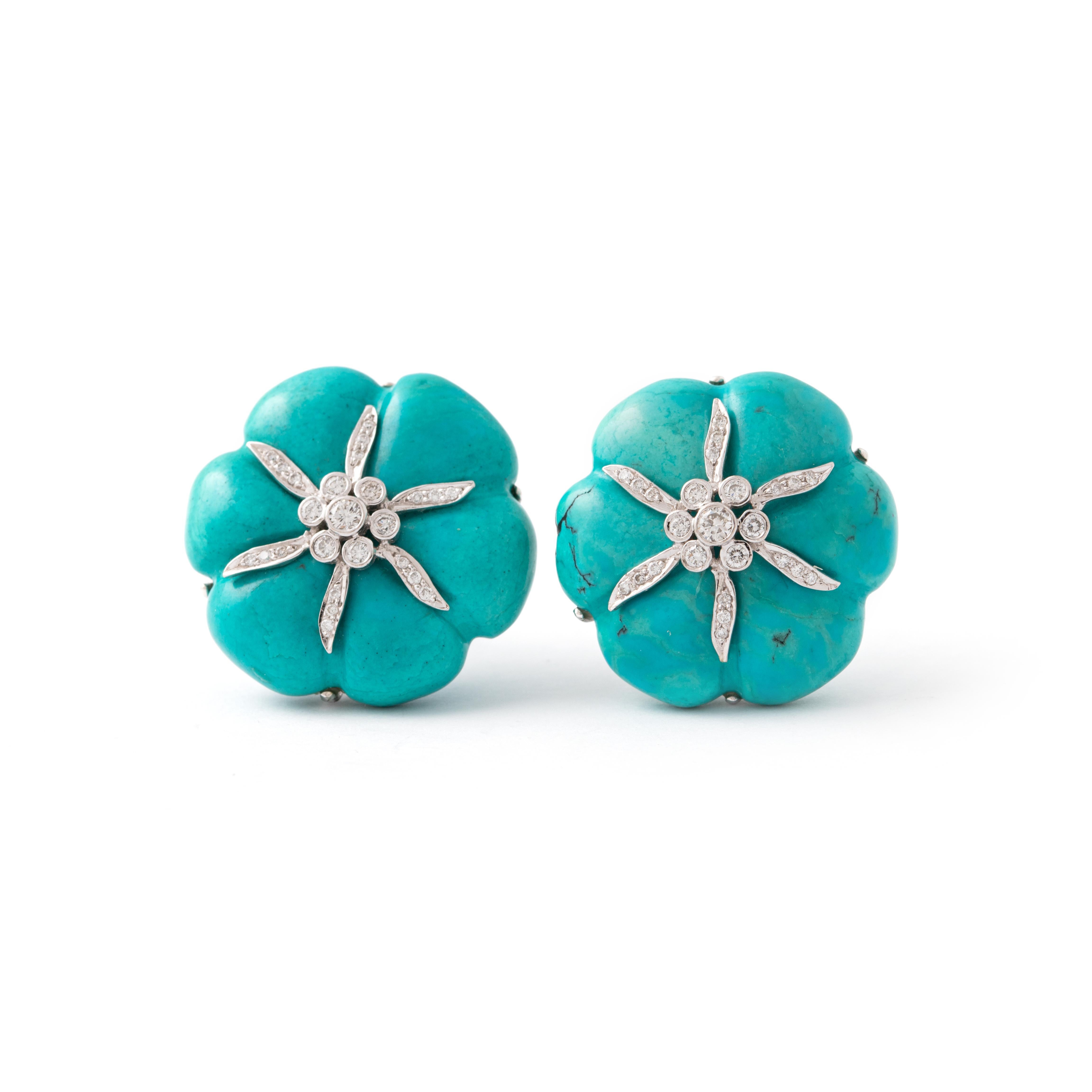 Round Cut Natural Turquoise Diamond White Gold Earrings For Sale